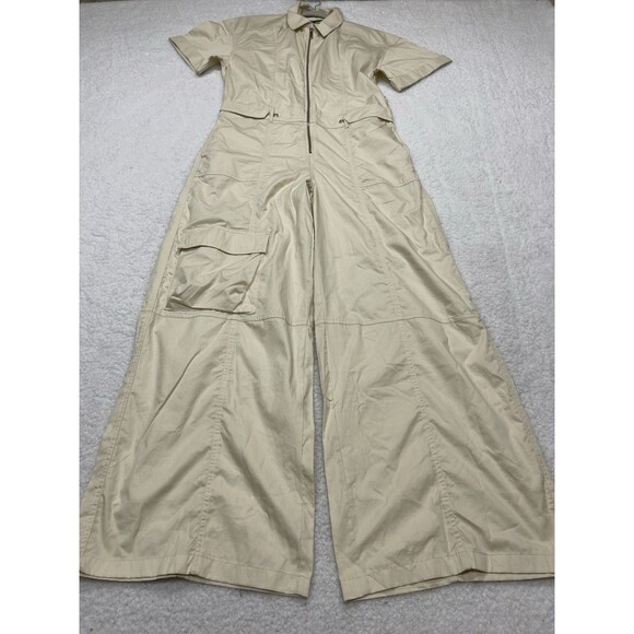 Zara Cargo Jumpsuit Womens Ivory Wide Leg Cotton Boho Retro Vacay Medium NWT